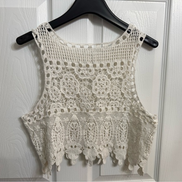 Boho Crochet Lace Crop Tank Top White Festival Cottagecore Coquette Women - Picture 4 of 5